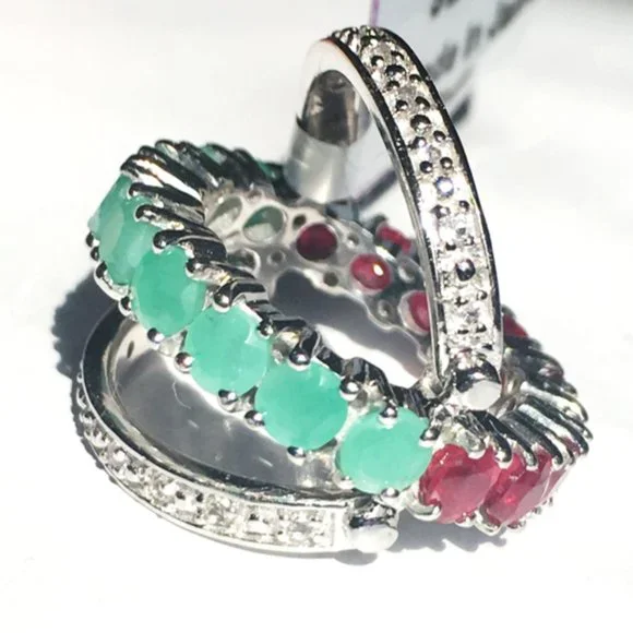 REVERSIBLE Emerald & Ruby Ring .925 Sterling Silver Genuine Gemstones - Picture 3 of 9